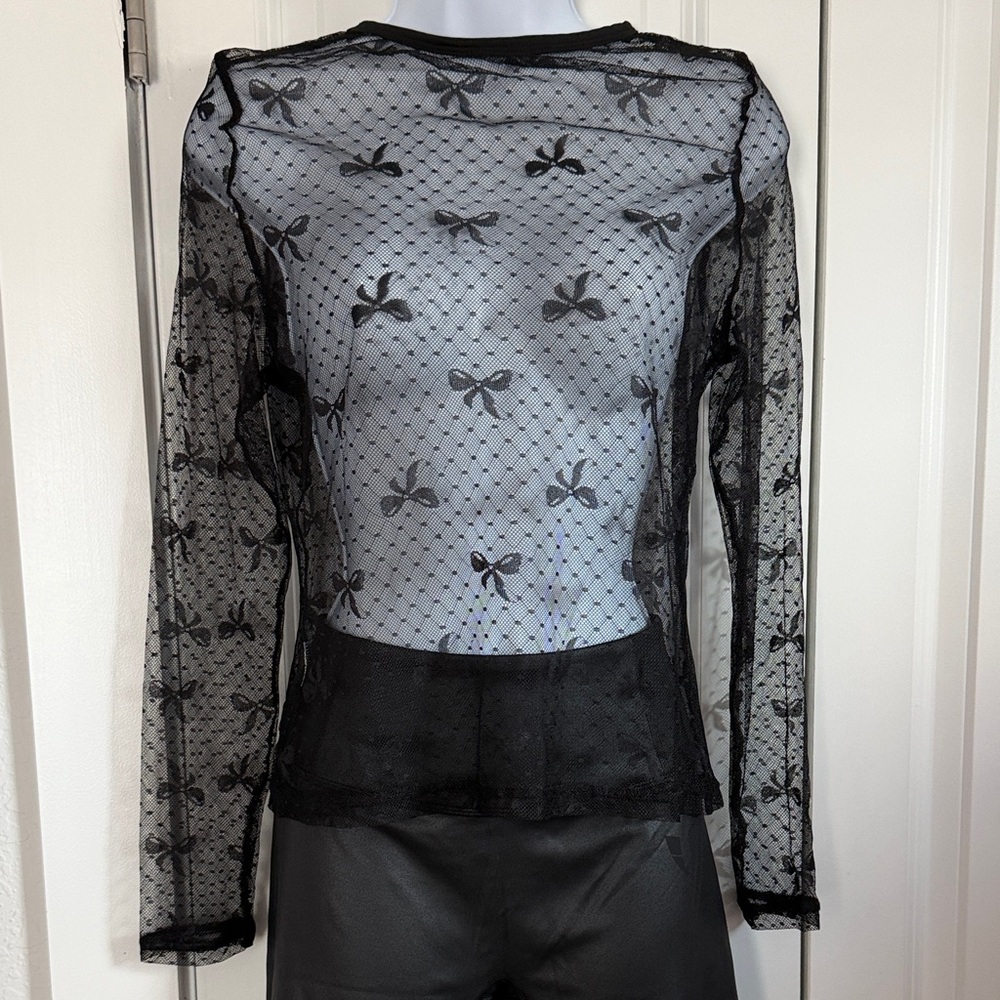 Black Sheer Long Sleeve Top with Bow Pattern